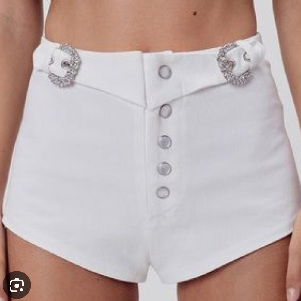 For Love & Lemons Dillon Hot White Denim Shorts Rhinestone Buckle High Waist NWT